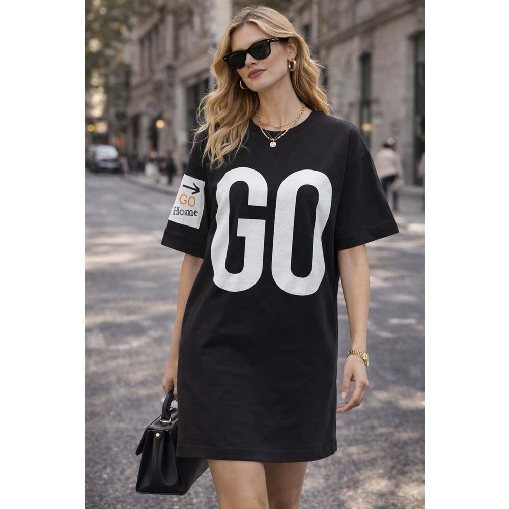 Yeni Sezon GO Yazılı Oversize Siyah T-Shirt Elbise |Pamuk Spor Şıklık