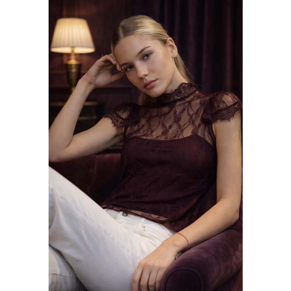 Mürdüm Dantel Transparan Bluz – Zarif Yaka Premium Tasarım - Mürdüm - L