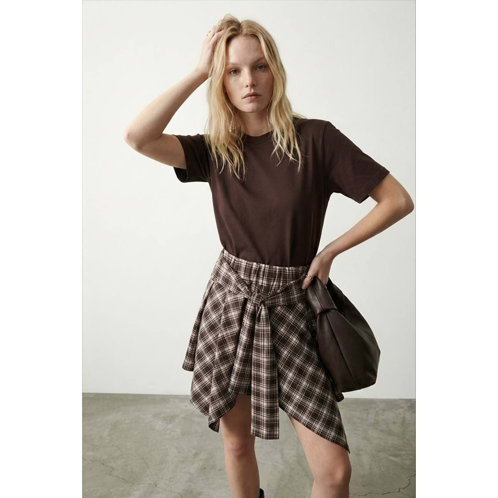 Ekose Desen Bağlama Detaylı Asimetrik Etek - ÇOK RENKLİ - L