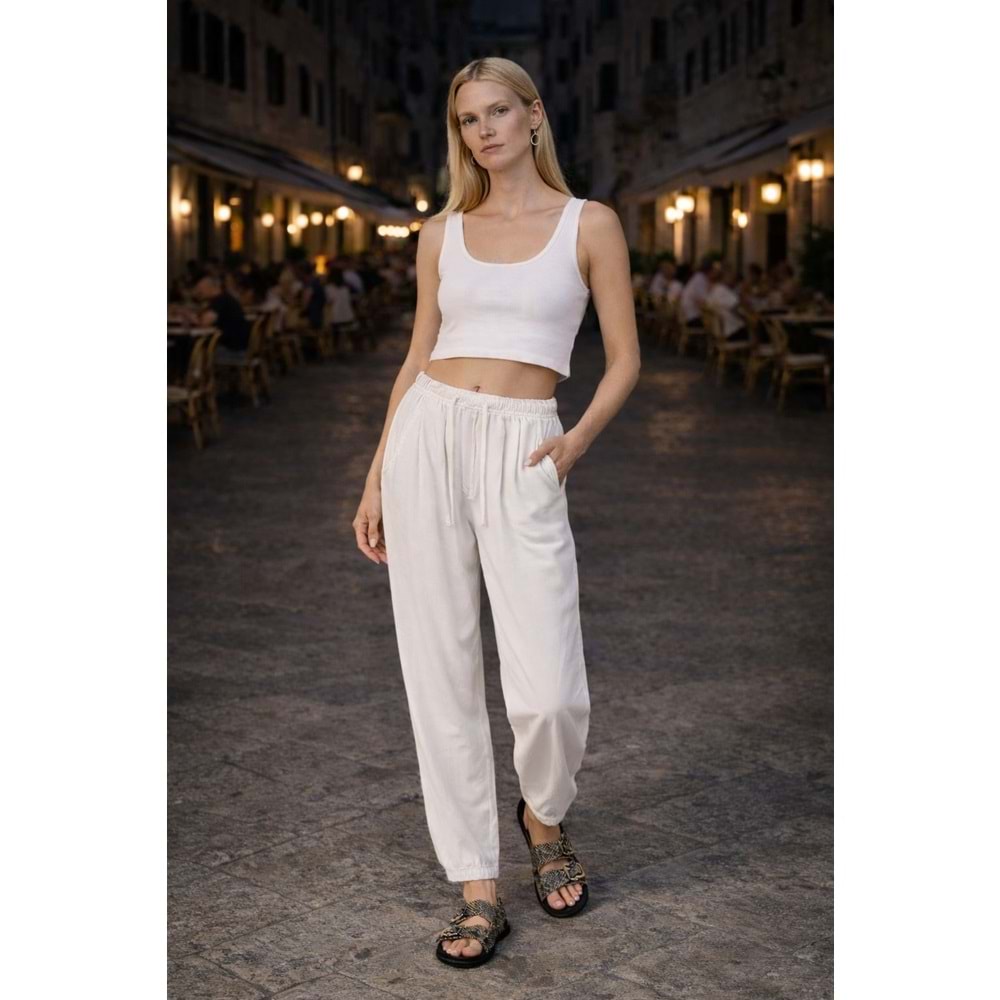 Kadın Relax Fit Beli Lastikli Ekru Pantolon %100 Pamuk - BEYAZ - L