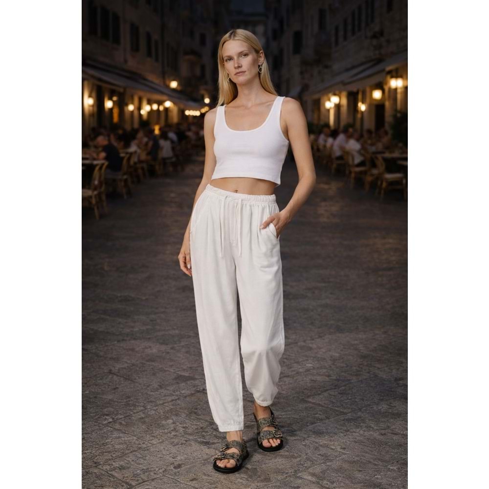 Kadın Relax Fit Beli Lastikli Ekru Pantolon %100 Pamuk - BEYAZ - L