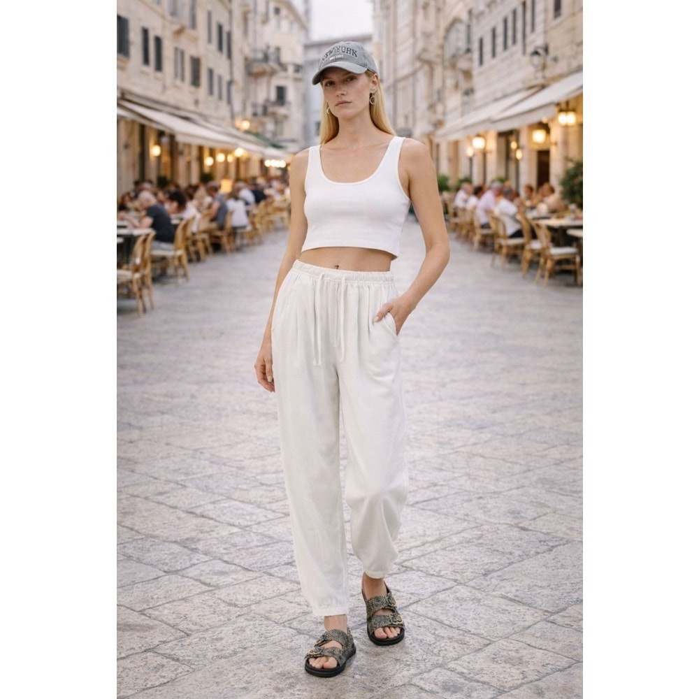 Kadın Relax Fit Beli Lastikli Ekru Pantolon %100 Pamuk - BEYAZ - L