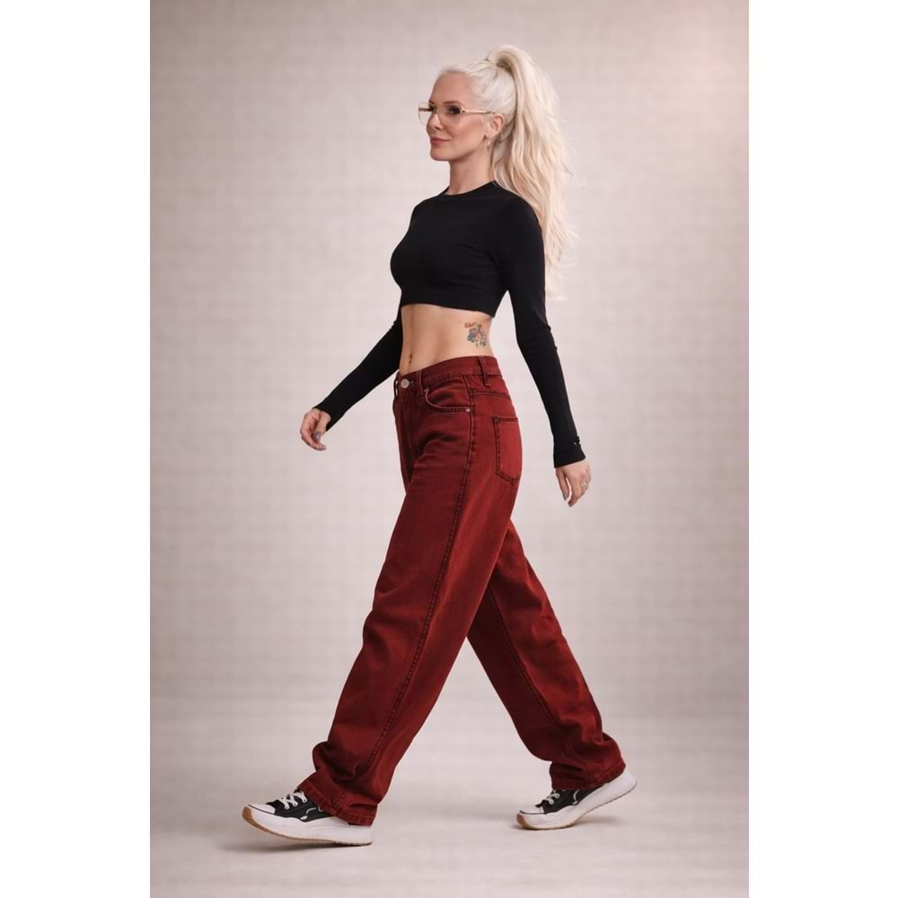 Bordo Renk Skater Fit %100 Cotton Yıkamalı Denim Pantolon - BORDO - 32