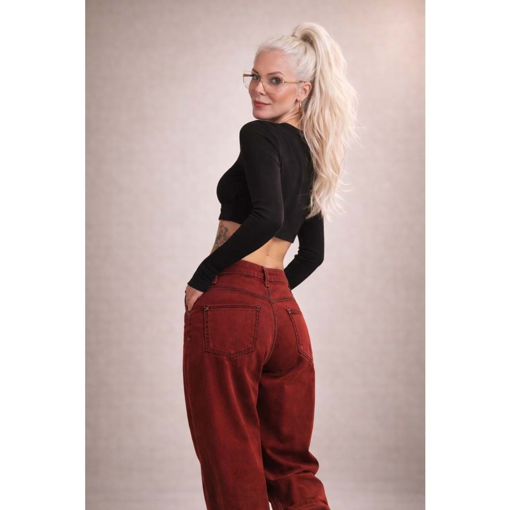 Bordo Renk Skater Fit %100 Cotton Yıkamalı Denim Pantolon - BORDO - 32