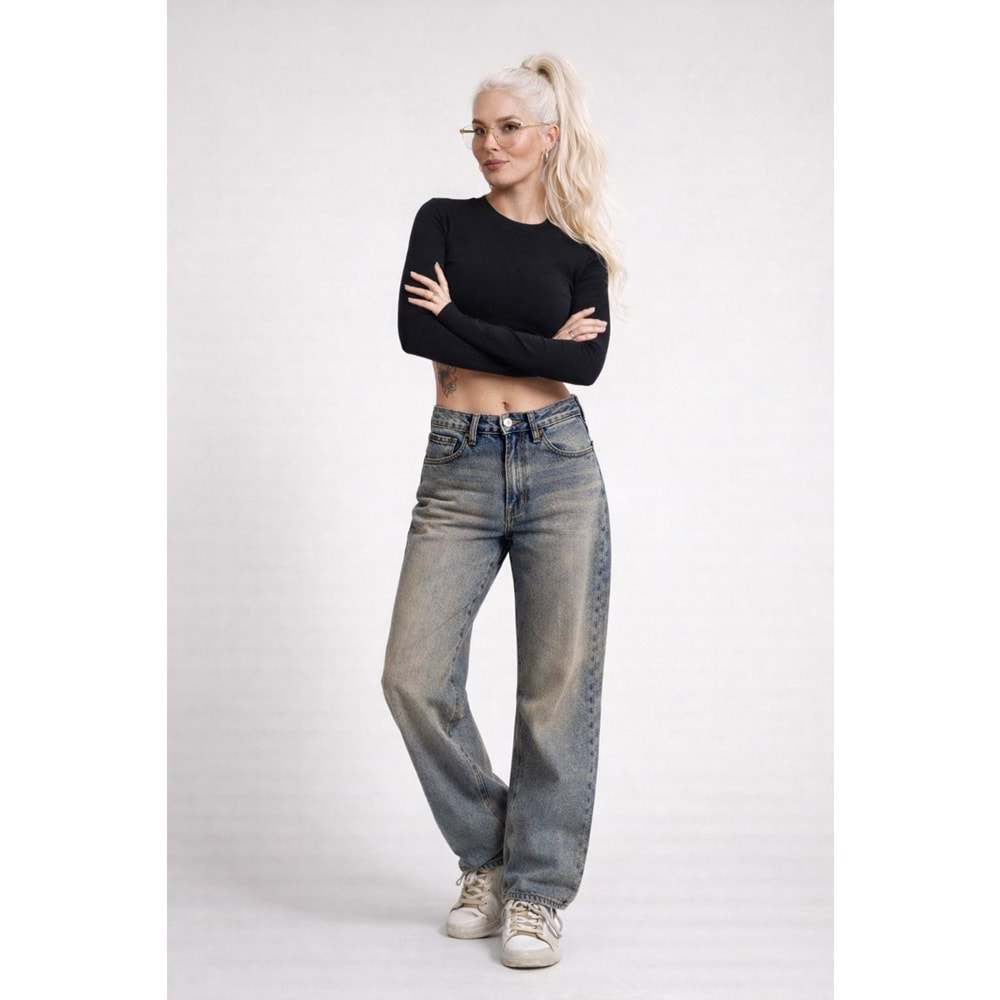 Eskitme Yıkamalı Straight Denim / Kot Pantolon - MAVİ - 36