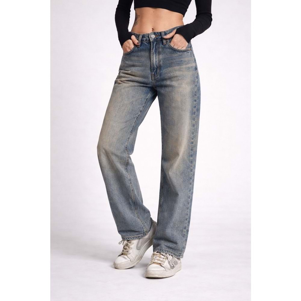 Eskitme Yıkamalı Straight Denim / Kot Pantolon - MAVİ - 36