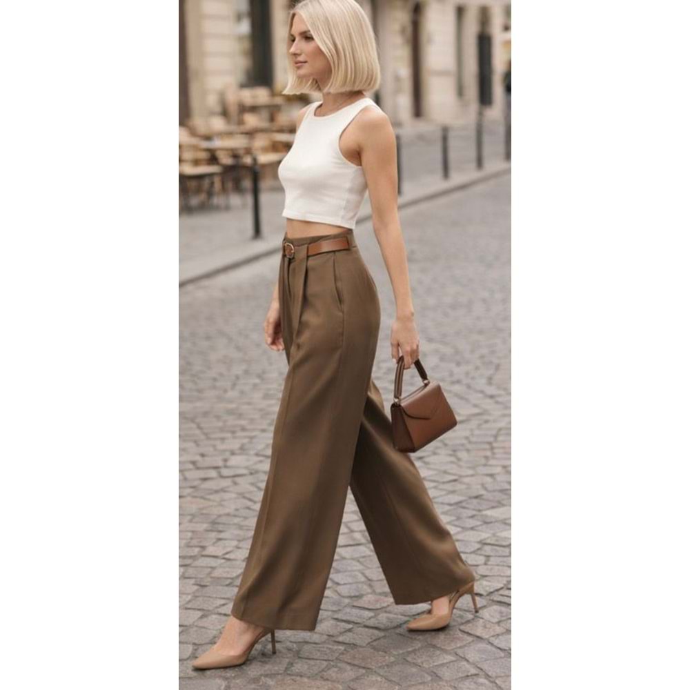 Vizon Renk Bel Kemer Detay Wide Leg Kumaş Pantolon - VİZON - L