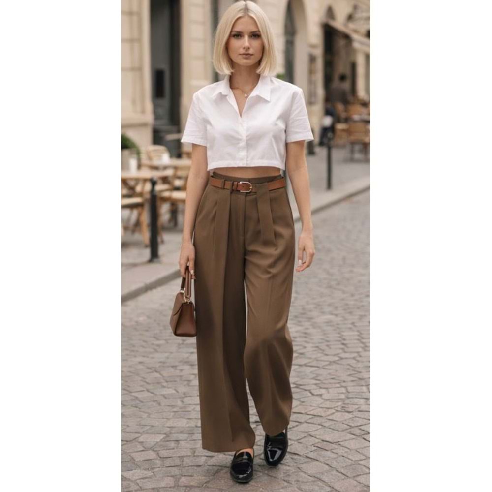 Vizon Renk Bel Kemer Detay Wide Leg Kumaş Pantolon - VİZON - L
