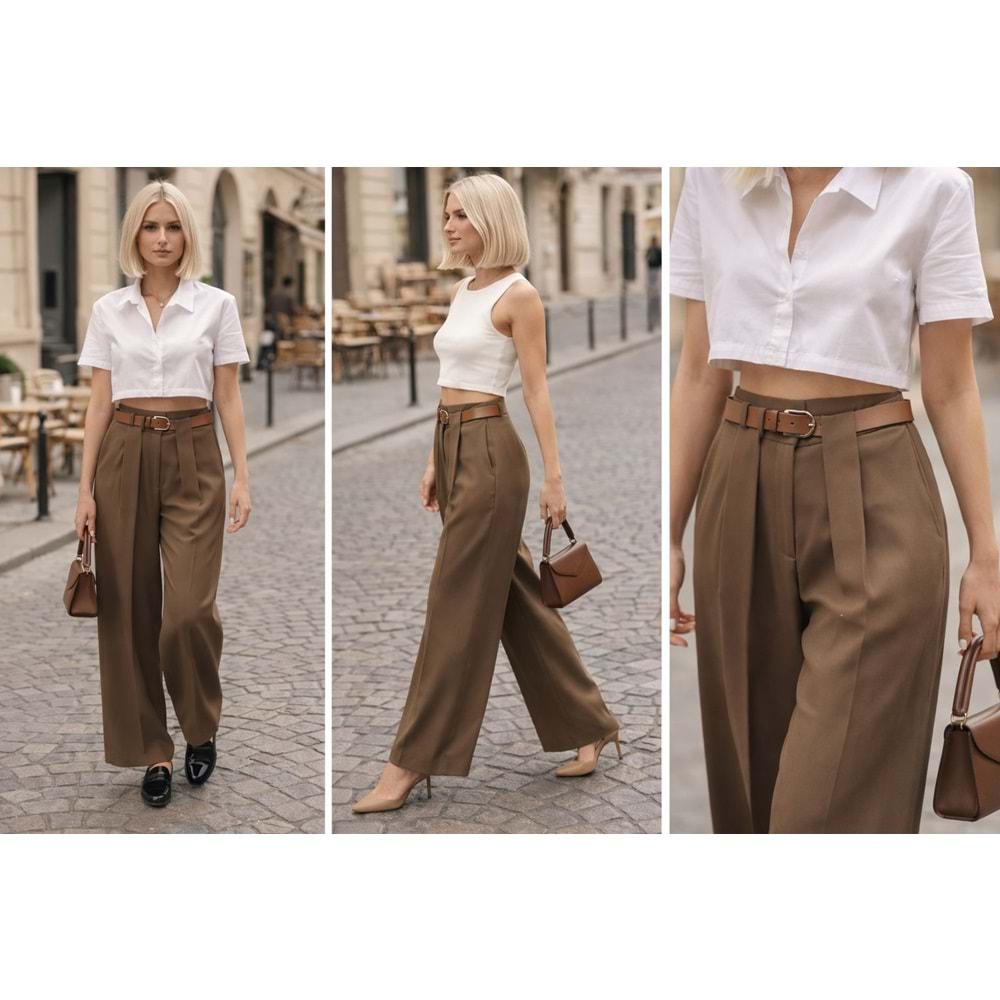 Vizon Renk Bel Kemer Detay Wide Leg Kumaş Pantolon - VİZON - L