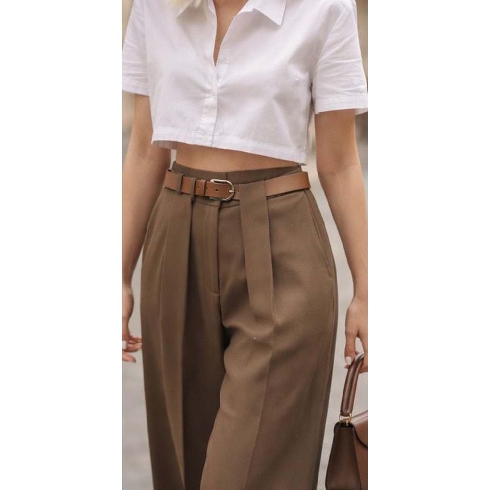 Vizon Renk Bel Kemer Detay Wide Leg Kumaş Pantolon - VİZON - L