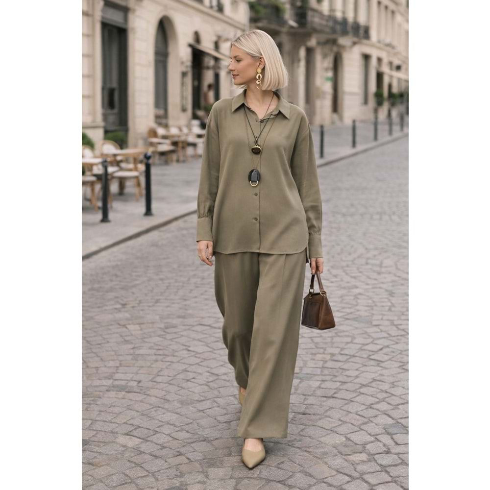 SOFT Olive Premium Dökümlü Pantolon Gömlek Takım - HAKİ - L