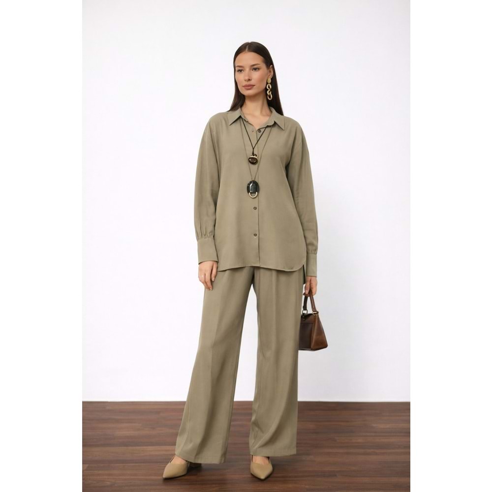 SOFT Olive Premium Dökümlü Pantolon Gömlek Takım - HAKİ - L