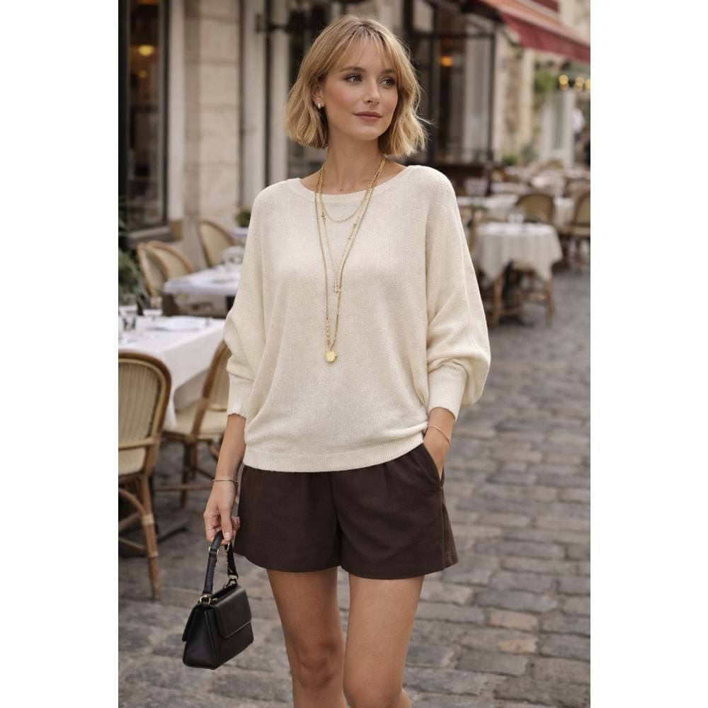 Yarasa Kol Düşük Omuz Baharlık Triko - Siyah - Krem Renk - KREM - M