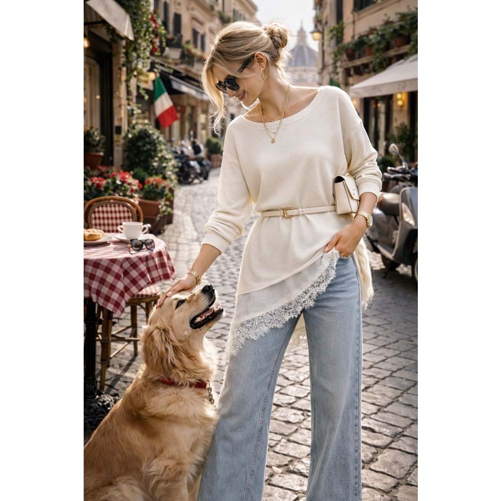 Bella Lace Asimetrik Dantel Detaylı Siyah Tencel Tasarım Bluz - EKRU - L