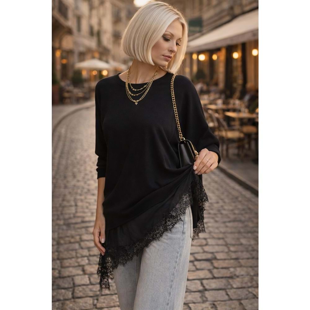 Bella Lace Asimetrik Dantel Detaylı Siyah Tencel Tasarım Bluz - SİYAH - L