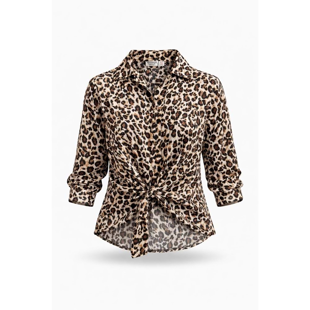 Kız Çocuk Leopar Desen Bel Bağlama Detay Tasarım Gömlek - LEOPAR - 6-7 YAŞ