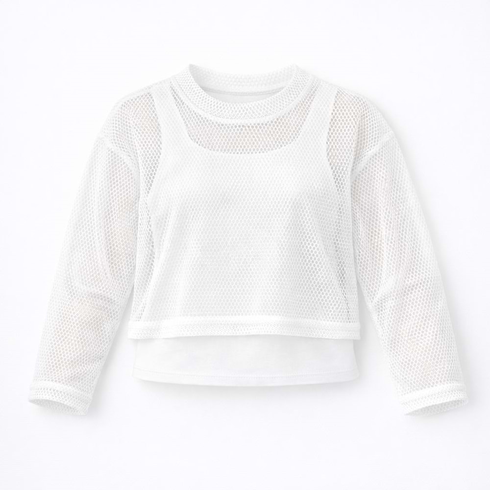 Kız Çocuk Mesh File Uzun Kol Crop Bluz + Crop Sıfıt Kol Atlet - BEYAZ - 11-12 YAŞ