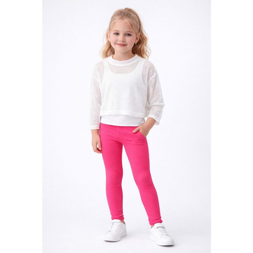 Kız Çocuk Neon Renk Tayt Yeni Sezon Pamuklu Yüksek Bel - NEON PEMBE - 5-6 YAŞ