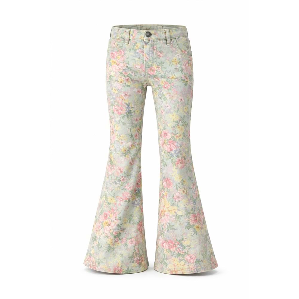 Kız Çocuk Retro Pastel Renk Çiçek Desen Kot Pantolon İspanyol - YEŞİL - 11 YAŞ