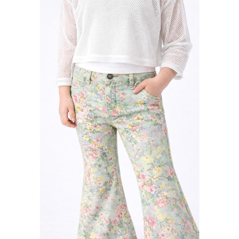Kız Çocuk Retro Pastel Renk Çiçek Desen Kot Pantolon İspanyol - YEŞİL - 11 YAŞ