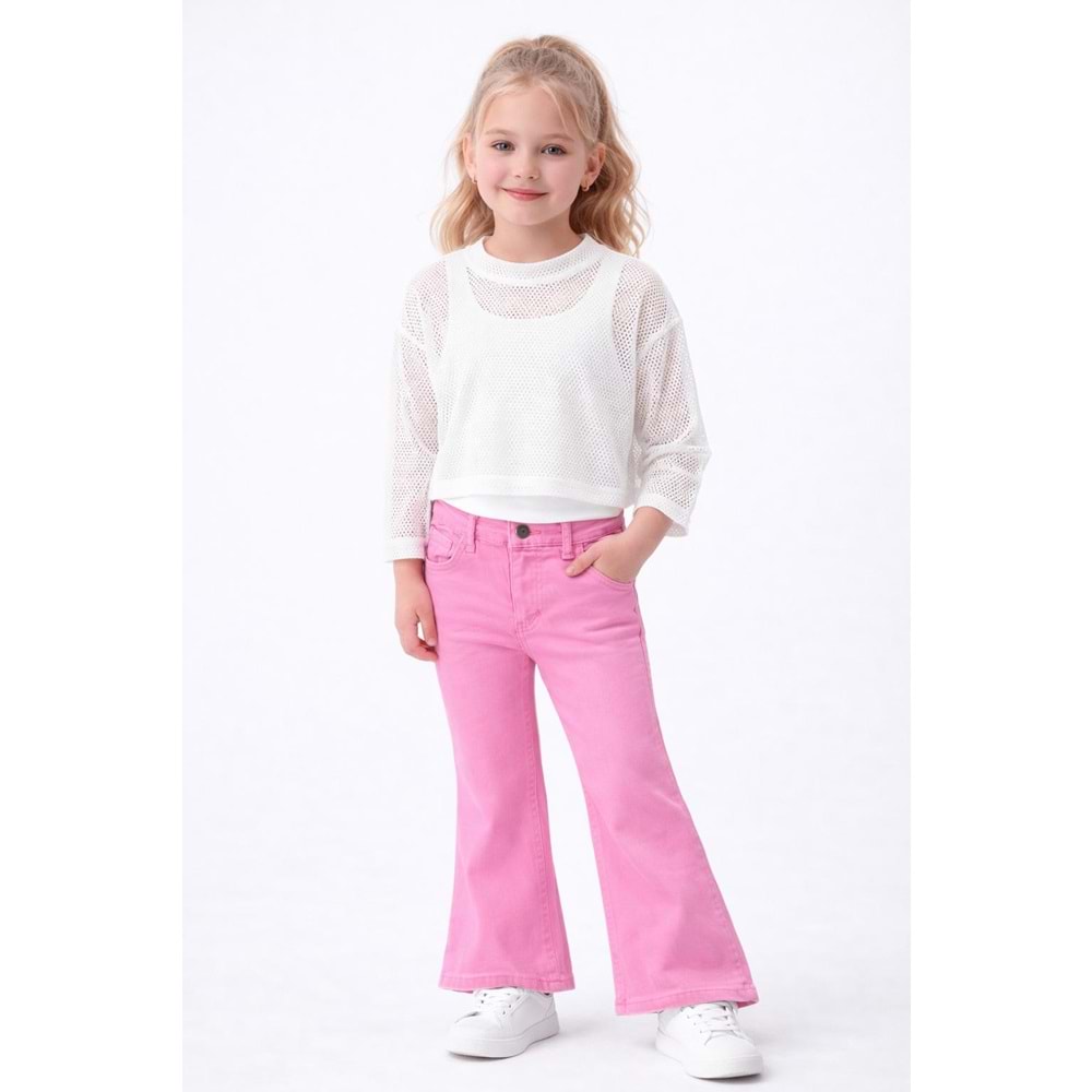 Kız Çocuk Pembe Renk İspanyol Paça Kot Pantolon - PEMBE - 10 YAŞ
