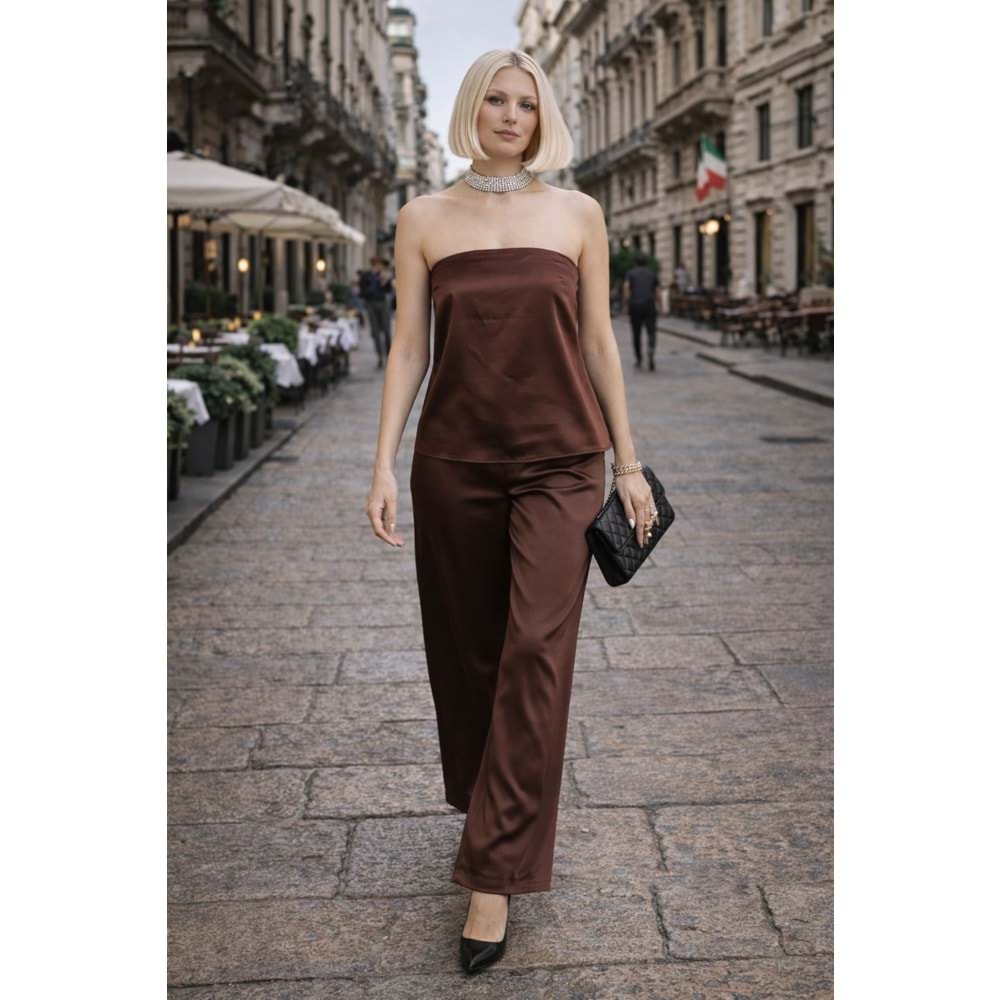 Bellisima Mocha Kahve Saten Pantolon Bel Lastikli - L - ST00958-14818