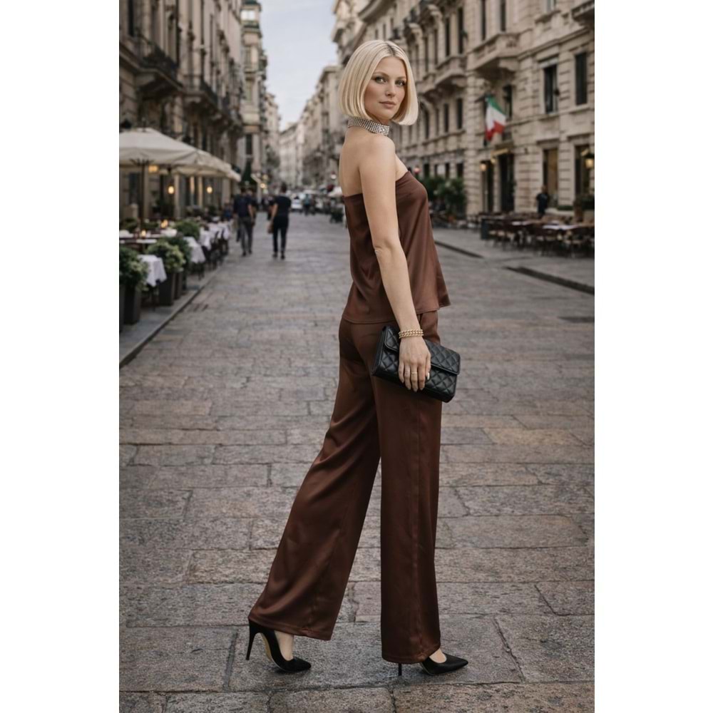 Bellisima Mocha Kahve Saten Pantolon Bel Lastikli - L - ST00958-14818