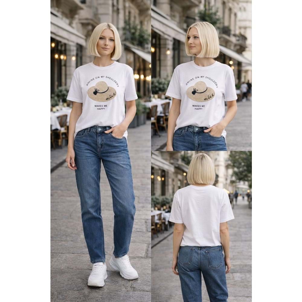 Nice Hasır Şapka Desen 3D Aplikeli Krem T-Shirt - EKRU - M