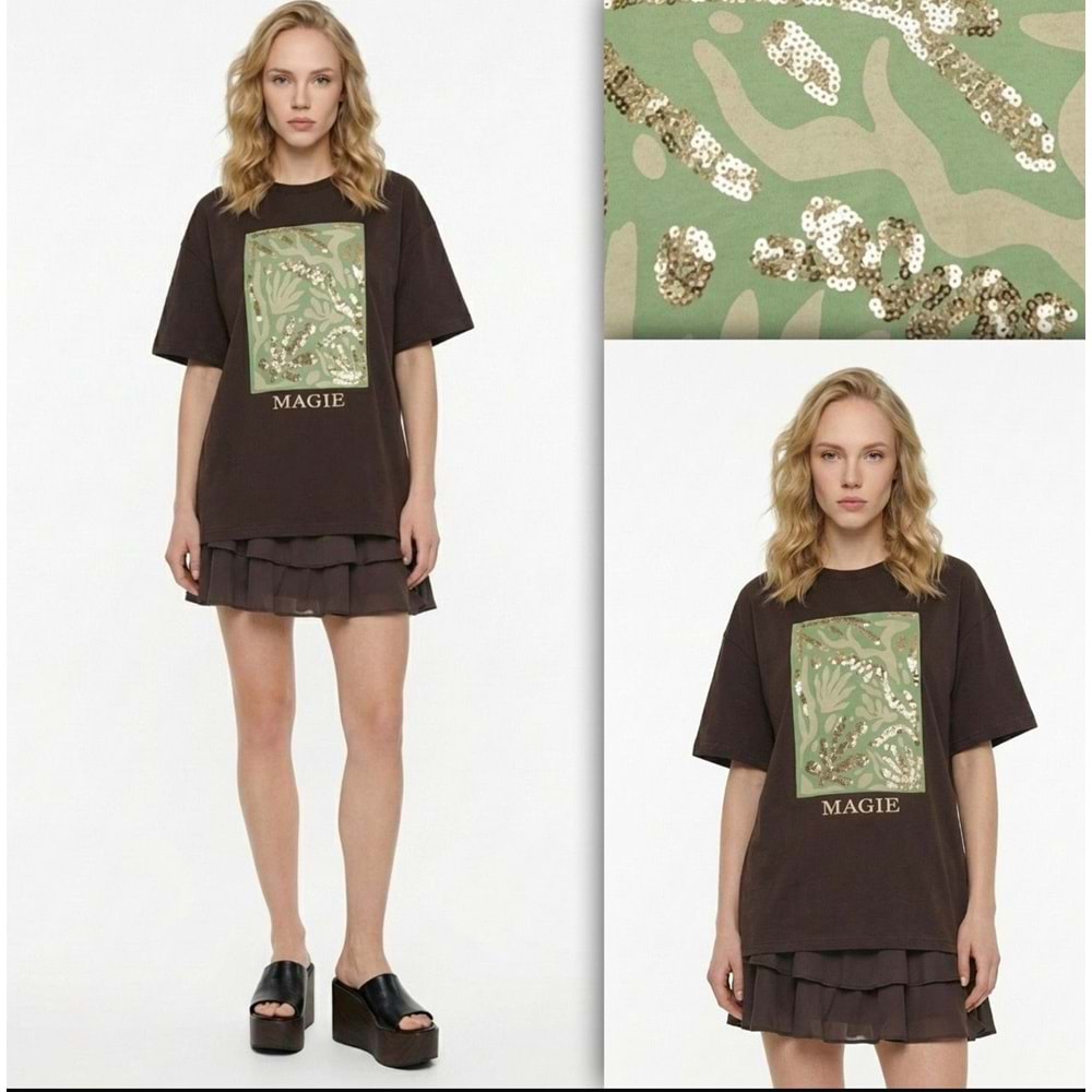 Magie Pul İşlemeli Graphic T-Shirt - Acı Kahve - Acı Kahve - L