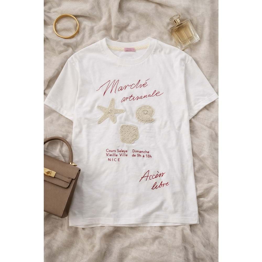Ocean Girl ! Inci Makrome Detaylı 3D İşlemeli T-Shirt - BEYAZ - L