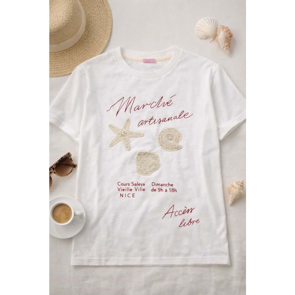 Ocean Girl ! Inci Makrome Detaylı 3D İşlemeli T-Shirt - BEYAZ - L