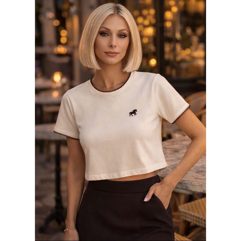 Dekoratif Yaka / Kol Dikiş Detay Logolu T-Shirt - KAHVERENGİ - L