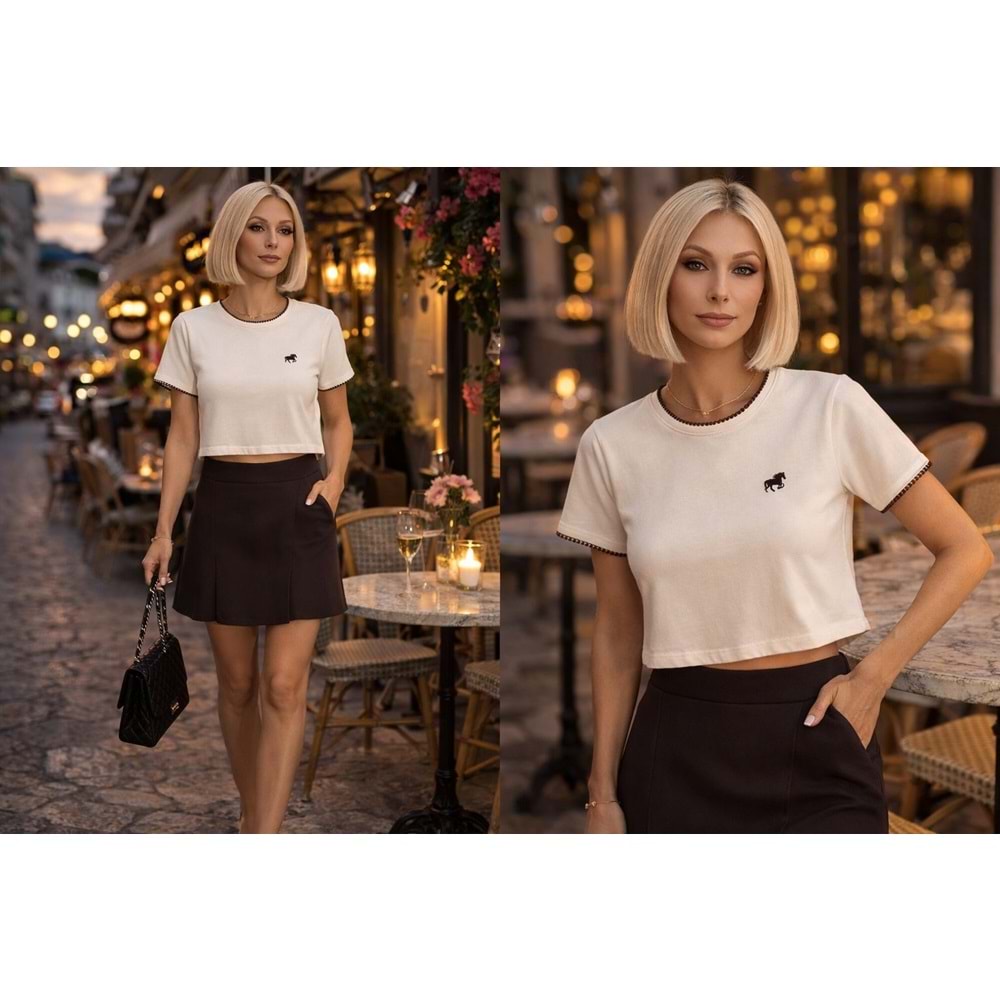 Dekoratif Yaka / Kol Dikiş Detay Logolu T-Shirt - KAHVERENGİ - L