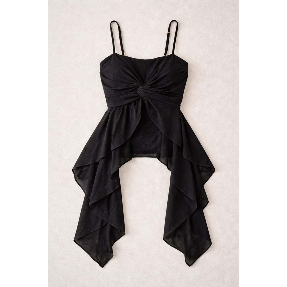 Asimetrik Kesim Askılı Tasarım Viskon Bluz Fashion Girl ! - SİYAH - L