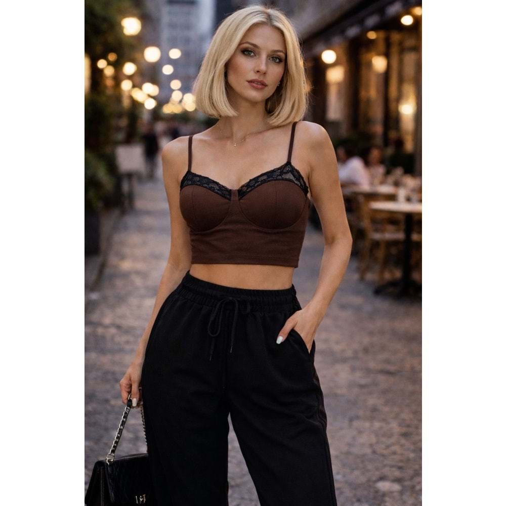 Sweet Lace Crop Büstiyer Body Dantel Detay - Acı Kahve - L