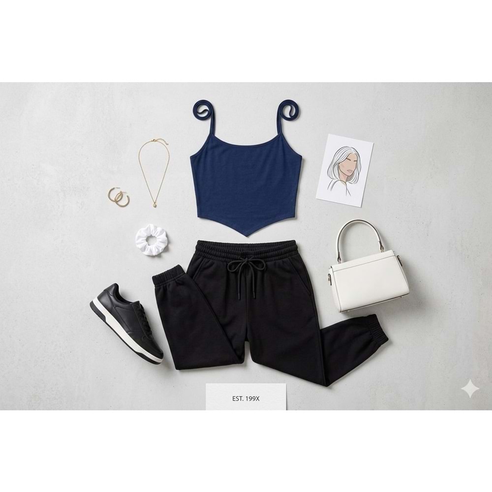 Essential Basic Strap Crop -Kendinden Sütyenli Basic Üst - LACİVERT - L