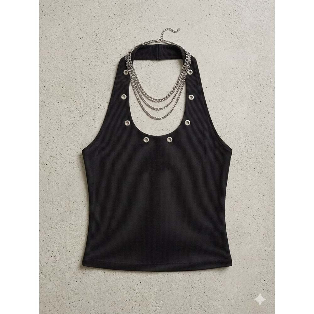 Halter Yaka Straplez Zımba Detay Kaşkorse Kolsuz Body