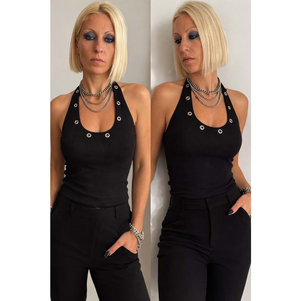 Halter Yaka Straplez Zımba Detay Kaşkorse Kolsuz Body