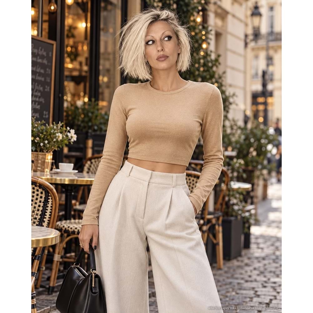 Monaco Basic Crop Bluz Uzun Kol Modal Pamuk - BEJ - L