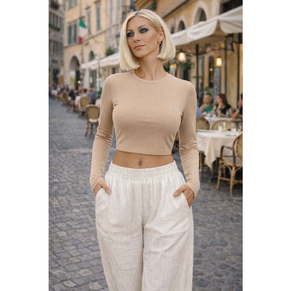 Monaco Basic Crop Bluz Uzun Kol Modal Pamuk - BEJ - L
