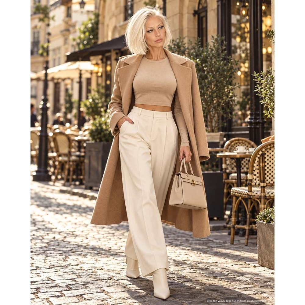 Monaco Basic Crop Bluz Uzun Kol Modal Pamuk - BEJ - L
