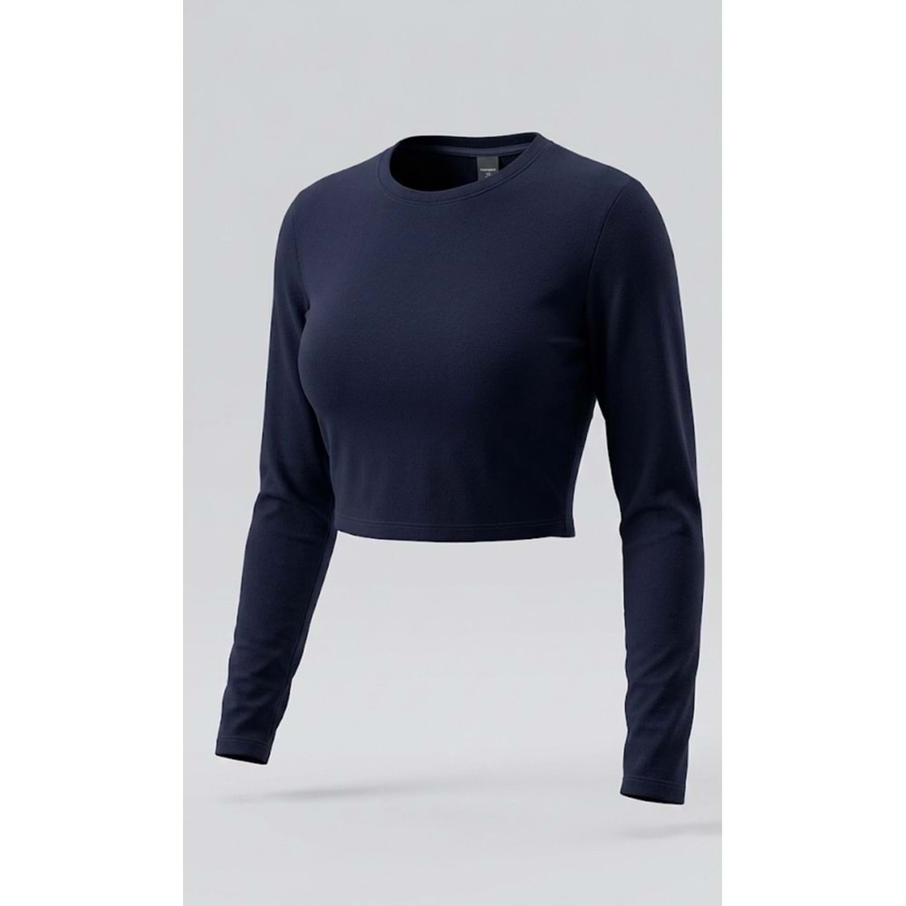 Monaco Basic Crop Bluz Uzun Kol Modal Pamuk - LACİVERT - M