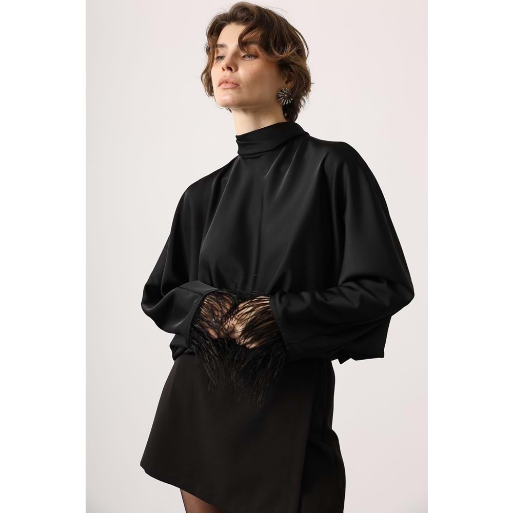 Luxe Knot Sırt Bağlama Kol Otriş Detaylı Saten Bluz - Kahve - SİYAH - L