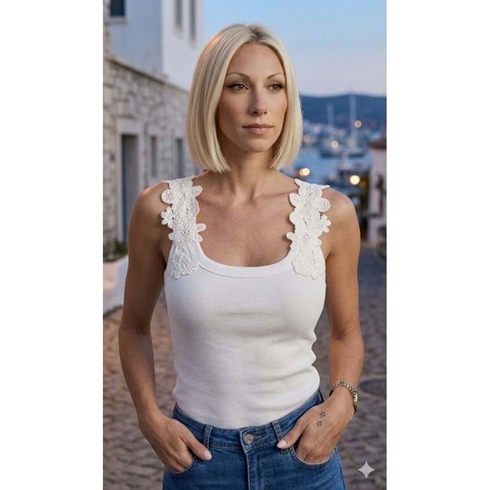 Çiçek Aplike Güpür Detaylı Kaşkorse Bluz - Atlet - BEYAZ - L