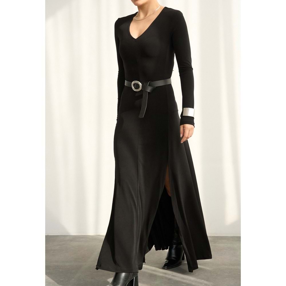 Midnight Black Diva Çift Yırtmaçlı Maxi Boy Elbise - SİYAH - L