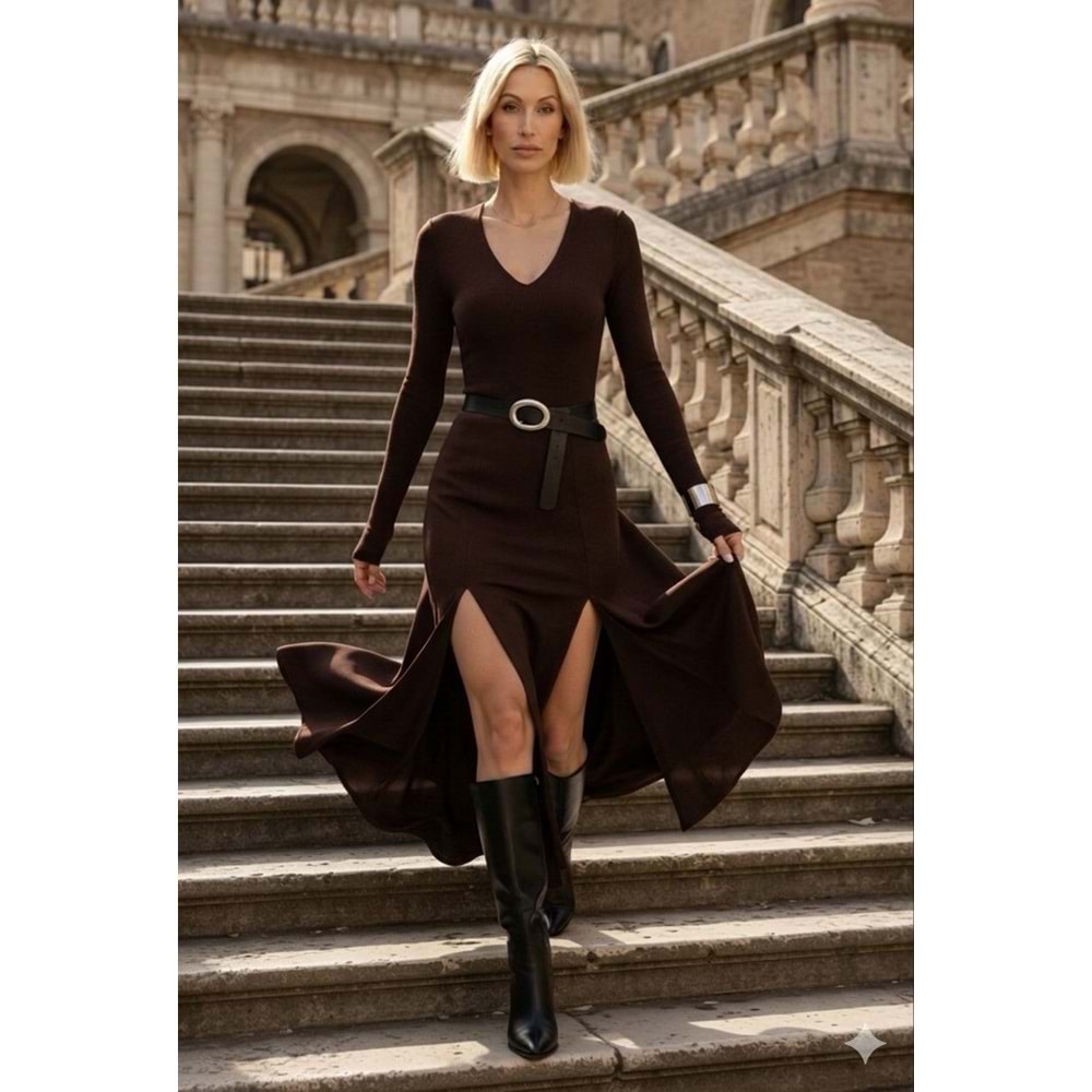 Midnight Black Diva Çift Yırtmaçlı Maxi Boy Elbise - Acı Kahve - L