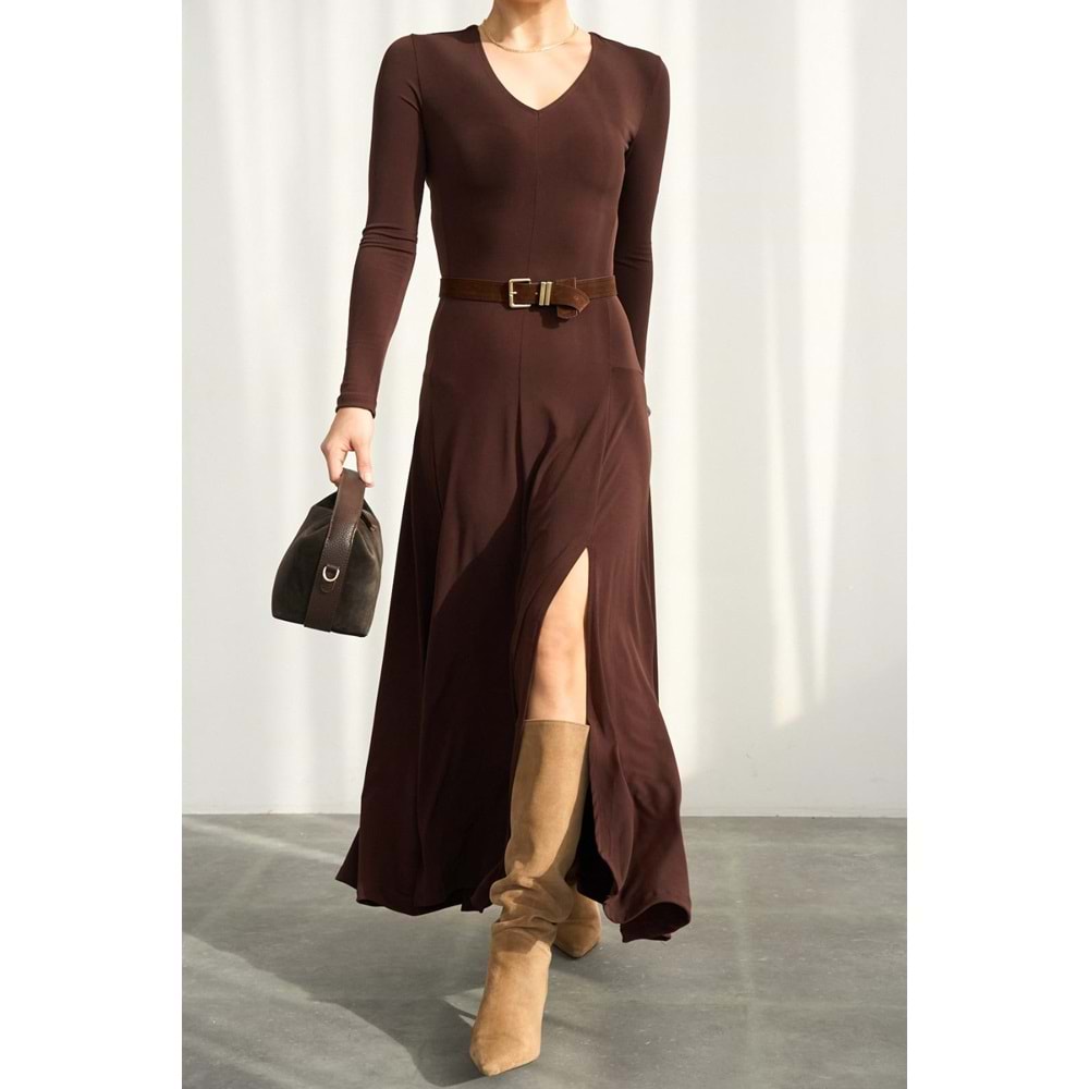 Midnight Black Diva Çift Yırtmaçlı Maxi Boy Elbise - Acı Kahve - L
