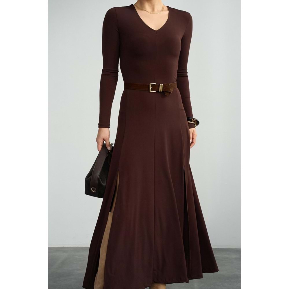 Midnight Black Diva Çift Yırtmaçlı Maxi Boy Elbise - Acı Kahve - L