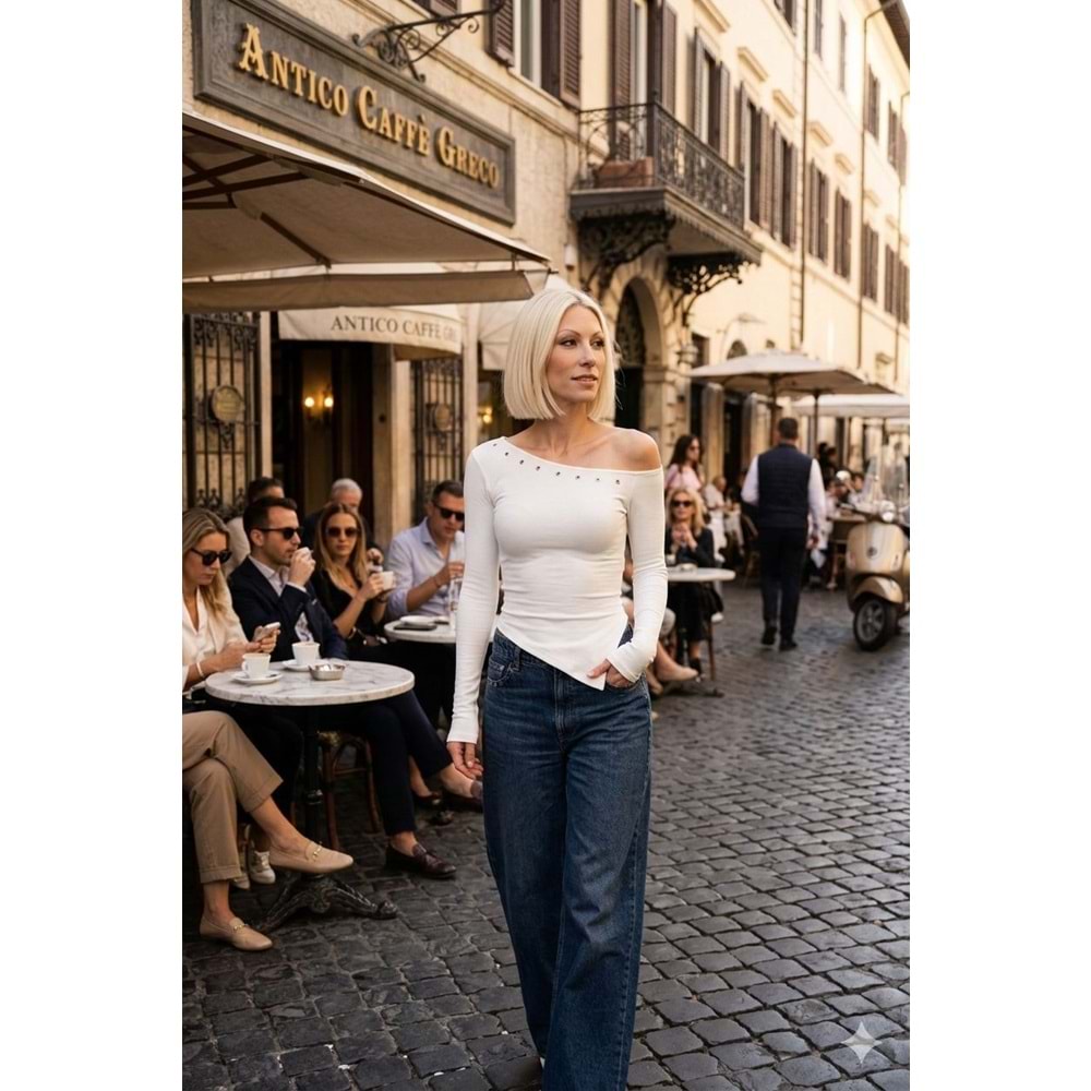 Yaka Detay Asimetrik Bel Kesim Tasarım Bluz - EKRU - L