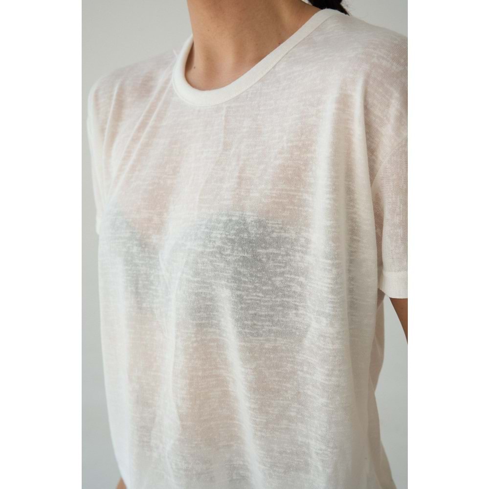 Beyaz Renk Transparan Yarım Kol Bluz - Pamuklu - EKRU - L